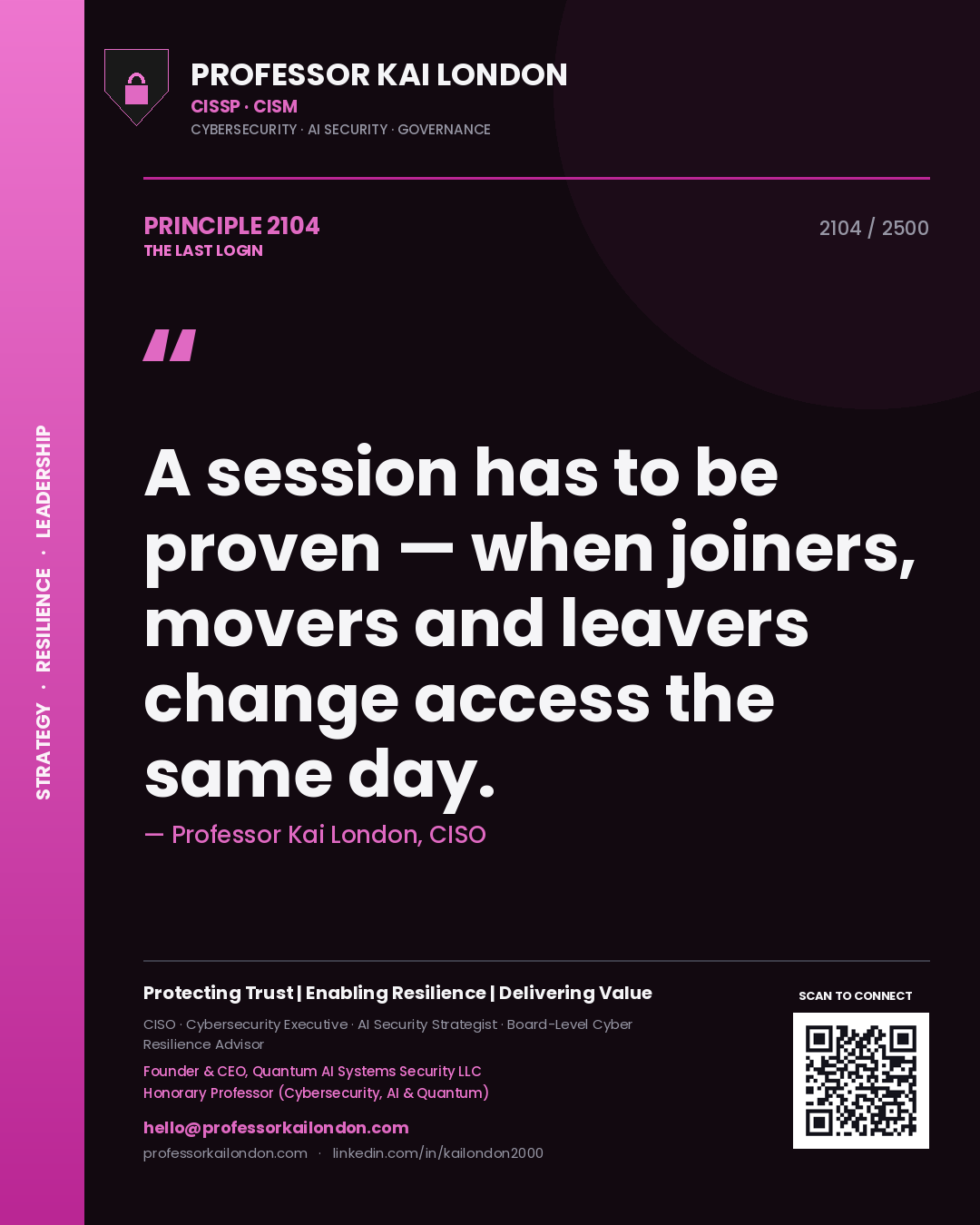 Quote card by Professor Kai London reading 'A session has to be proven — when joiners, movers and leavers change access the same day.'. From the book The Last Login.