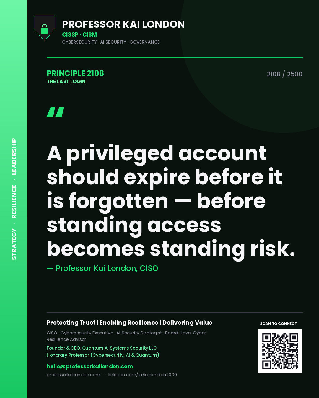 Quote card by Professor Kai London reading 'A privileged account should expire before it is forgotten — before standing access becomes standing risk.'. From the book The Last Login.