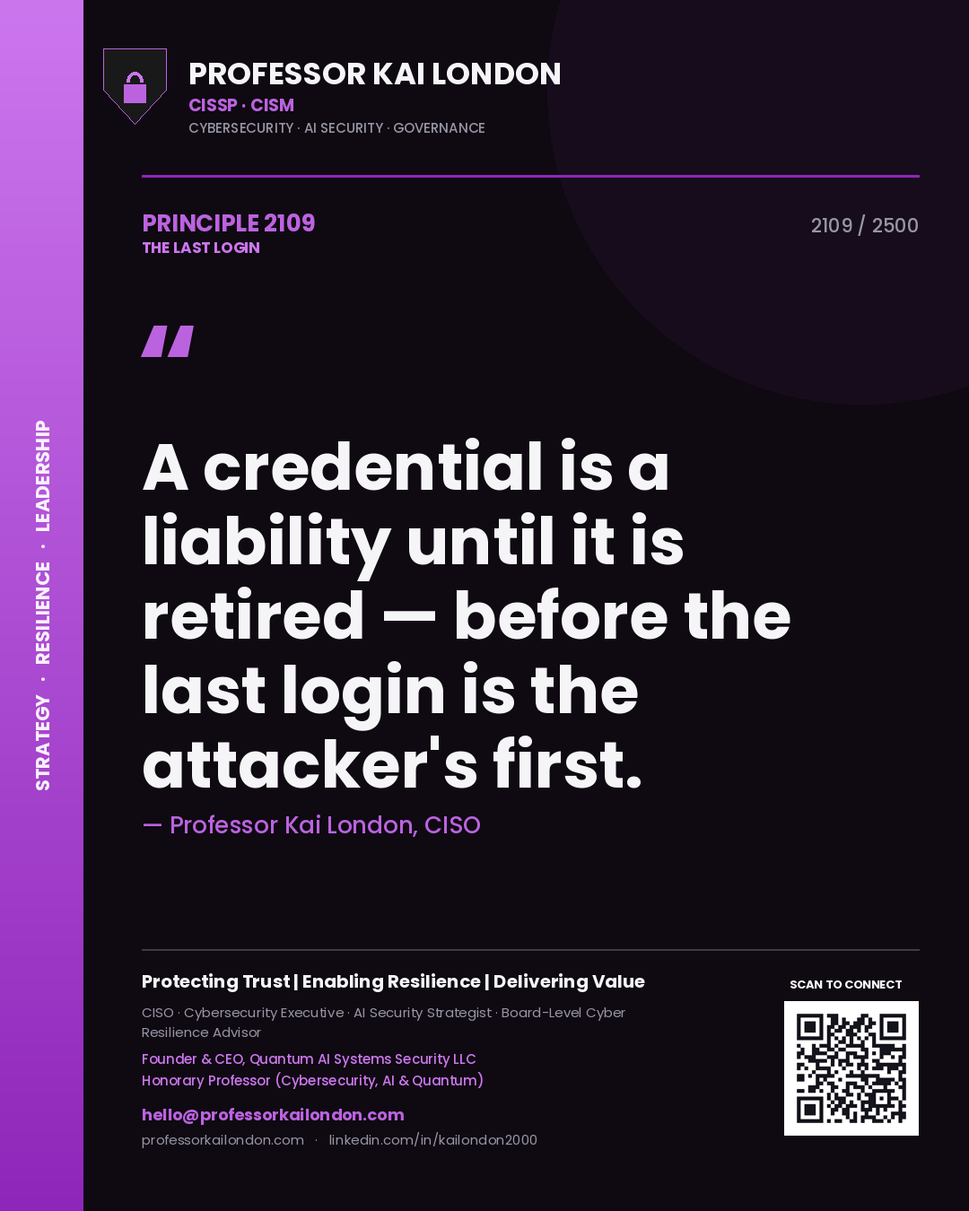 Professor Kai London principle 2109: A credential is a liability until it is retired — before the last login is the attacker's first.
