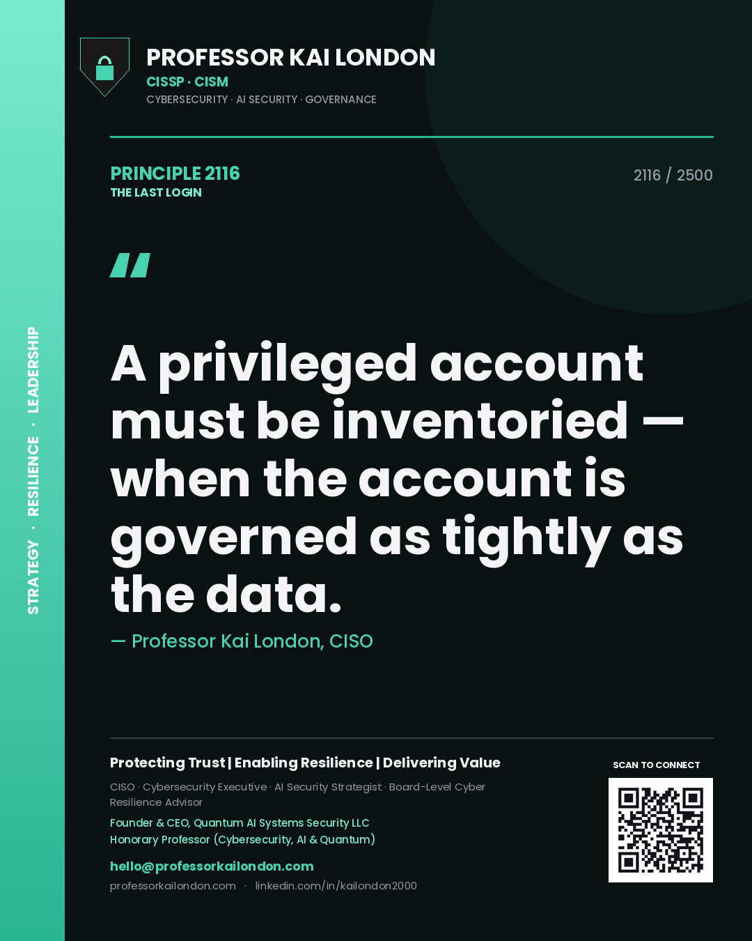 Quote card by Professor Kai London reading 'A privileged account must be inventoried — when the account is governed as tightly as the data.'. From the book The Last Login.