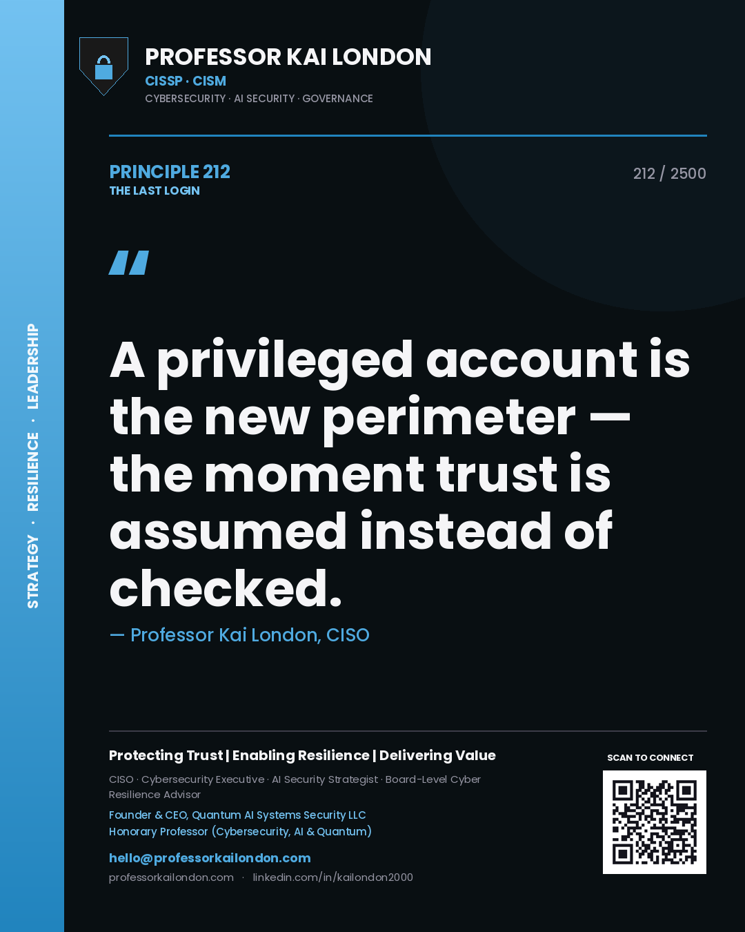Professor Kai London principle 212: A privileged account is the new perimeter — the moment trust is assumed instead of checked.