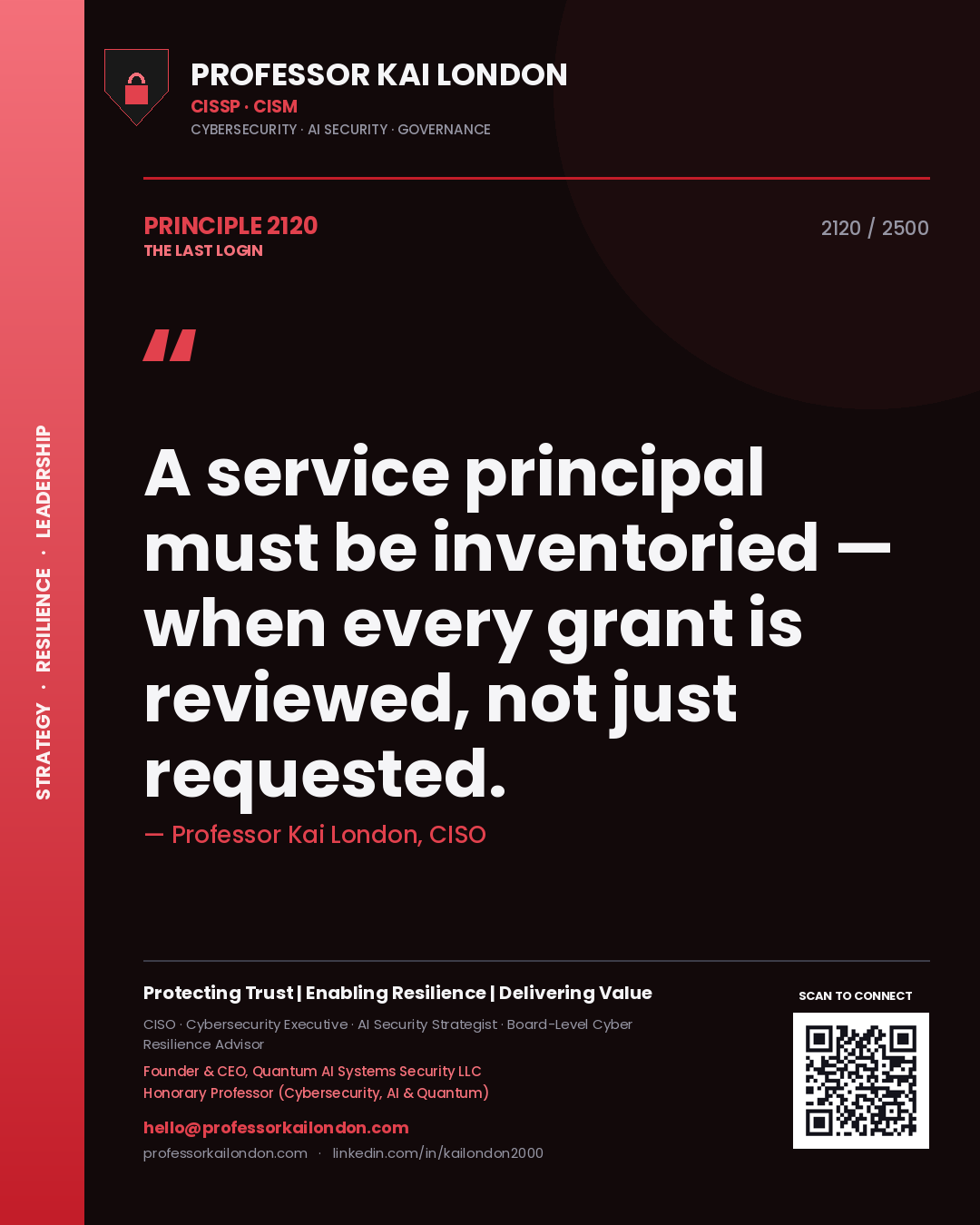 Quote card by Professor Kai London reading 'A service principal must be inventoried — when every grant is reviewed, not just requested.'. From the book The Last Login.