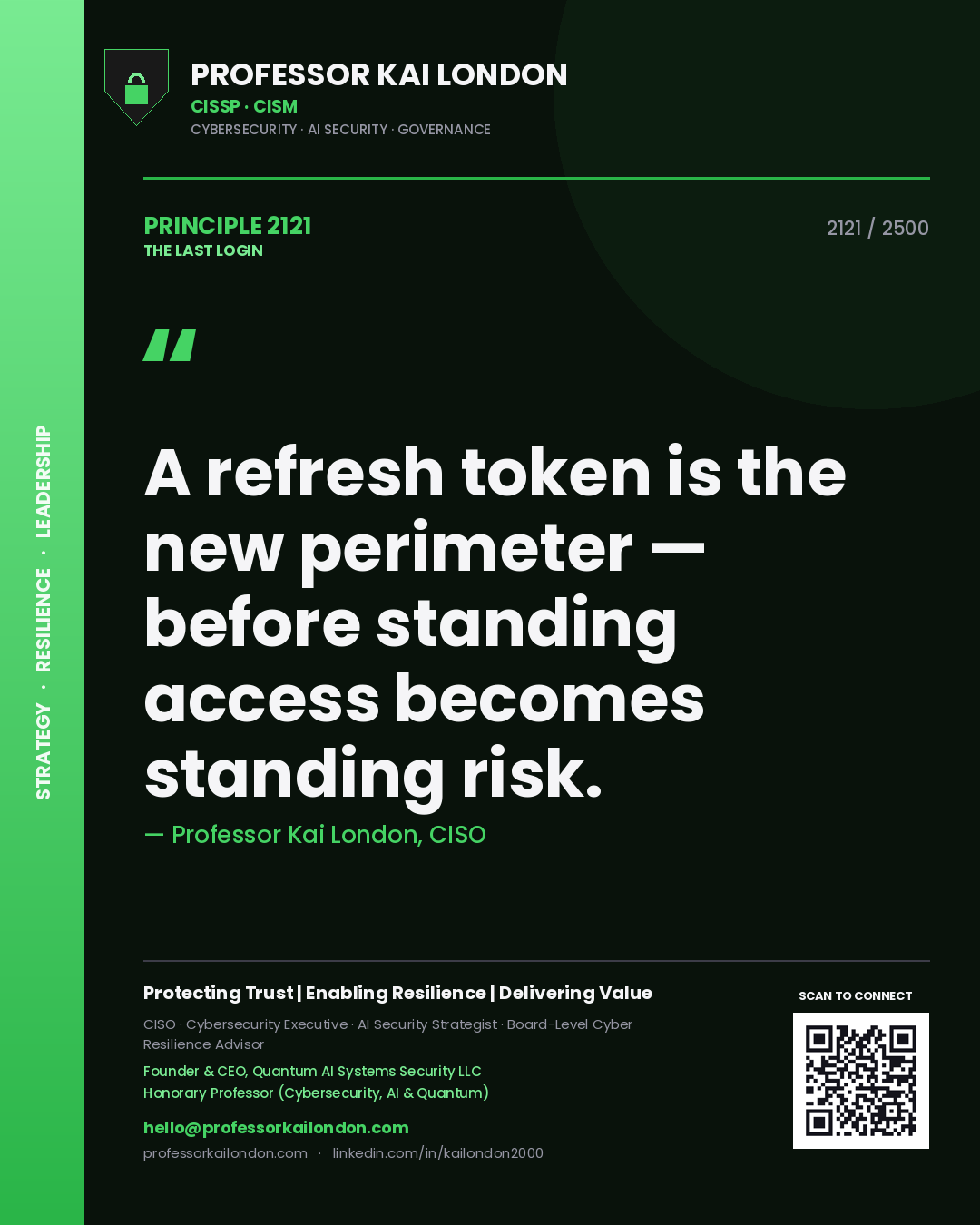 Professor Kai London principle 2121: A refresh token is the new perimeter — before standing access becomes standing risk.