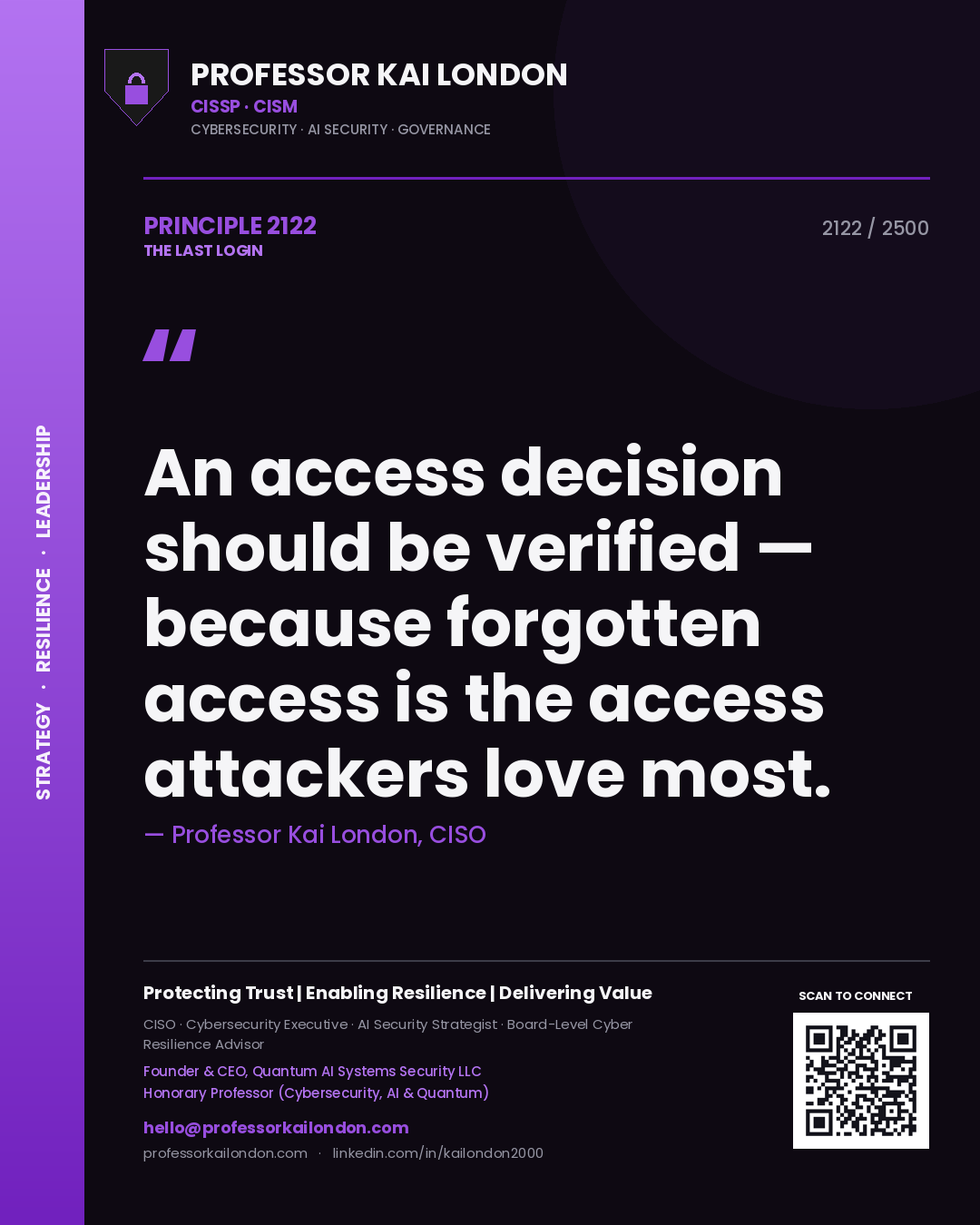 Quote card by Professor Kai London reading 'An access decision should be verified — because forgotten access is the access attackers love most.'. From the book The Last Login.