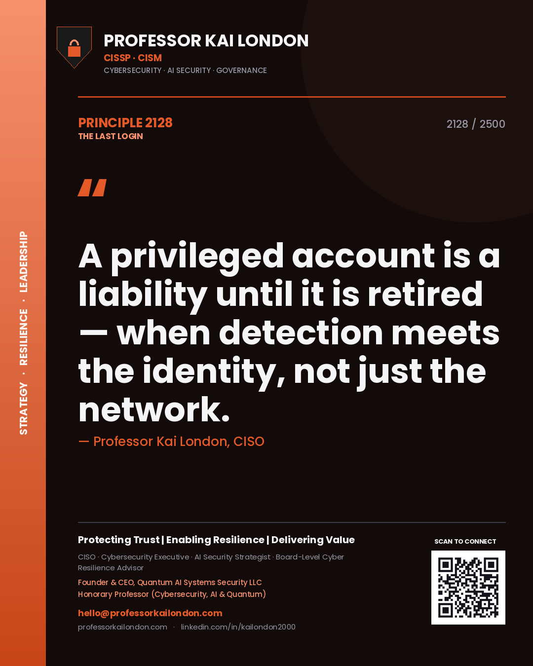 Quote card by Professor Kai London reading 'A privileged account is a liability until it is retired — when detection meets the identity, not just the network.'. From the book The Last Login.