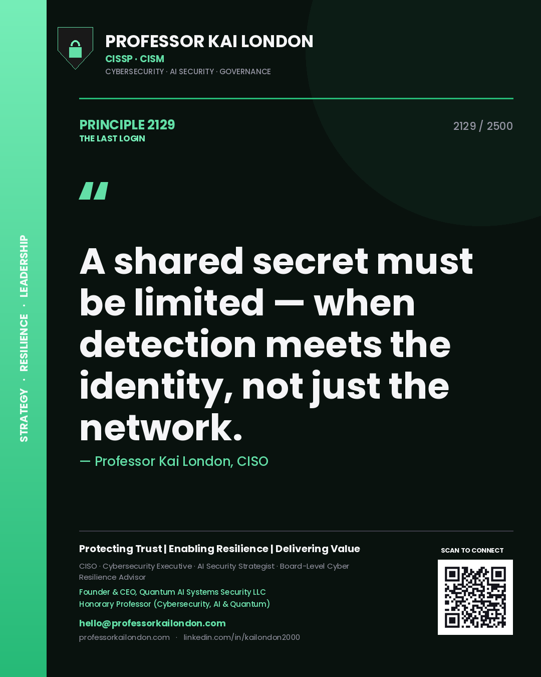Professor Kai London principle 2129: A shared secret must be limited — when detection meets the identity, not just the network.