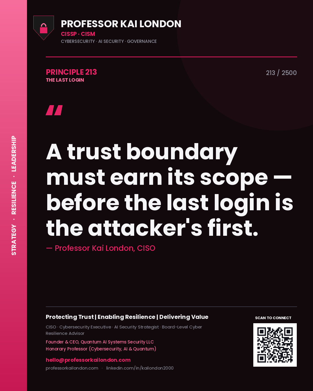 Quote card by Professor Kai London reading 'A trust boundary must earn its scope — before the last login is the attacker's first.'. From the book The Last Login.