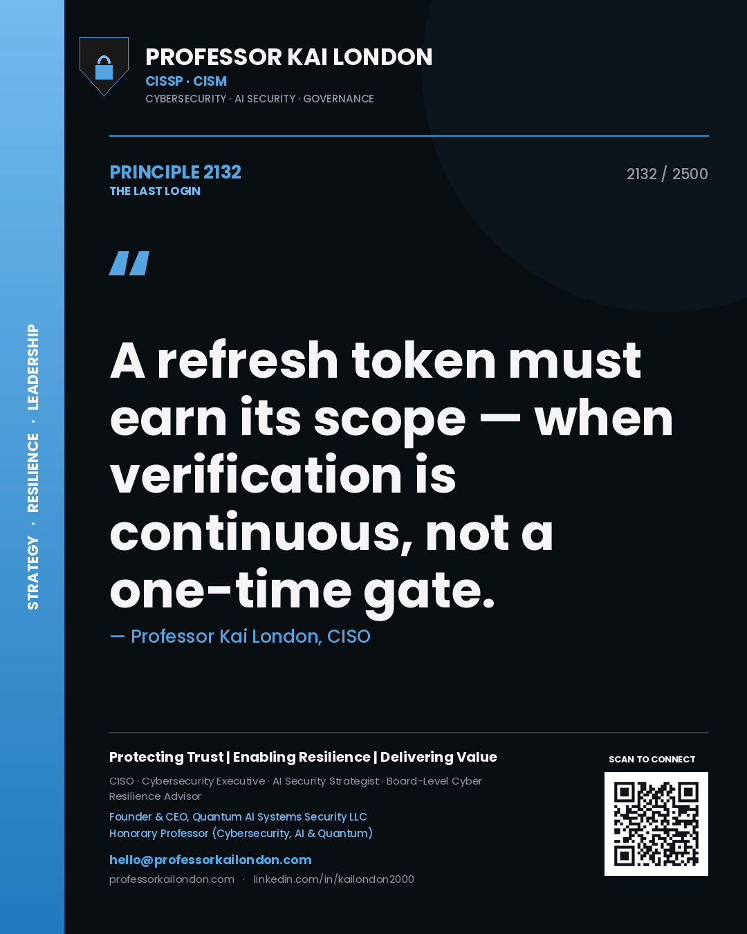 Quote card by Professor Kai London reading 'A refresh token must earn its scope — when verification is continuous, not a one-time gate.'. From the book The Last Login.