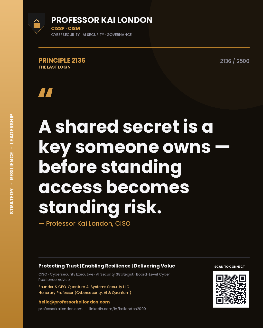 Quote card by Professor Kai London reading 'A shared secret is a key someone owns — before standing access becomes standing risk.'. From the book The Last Login.
