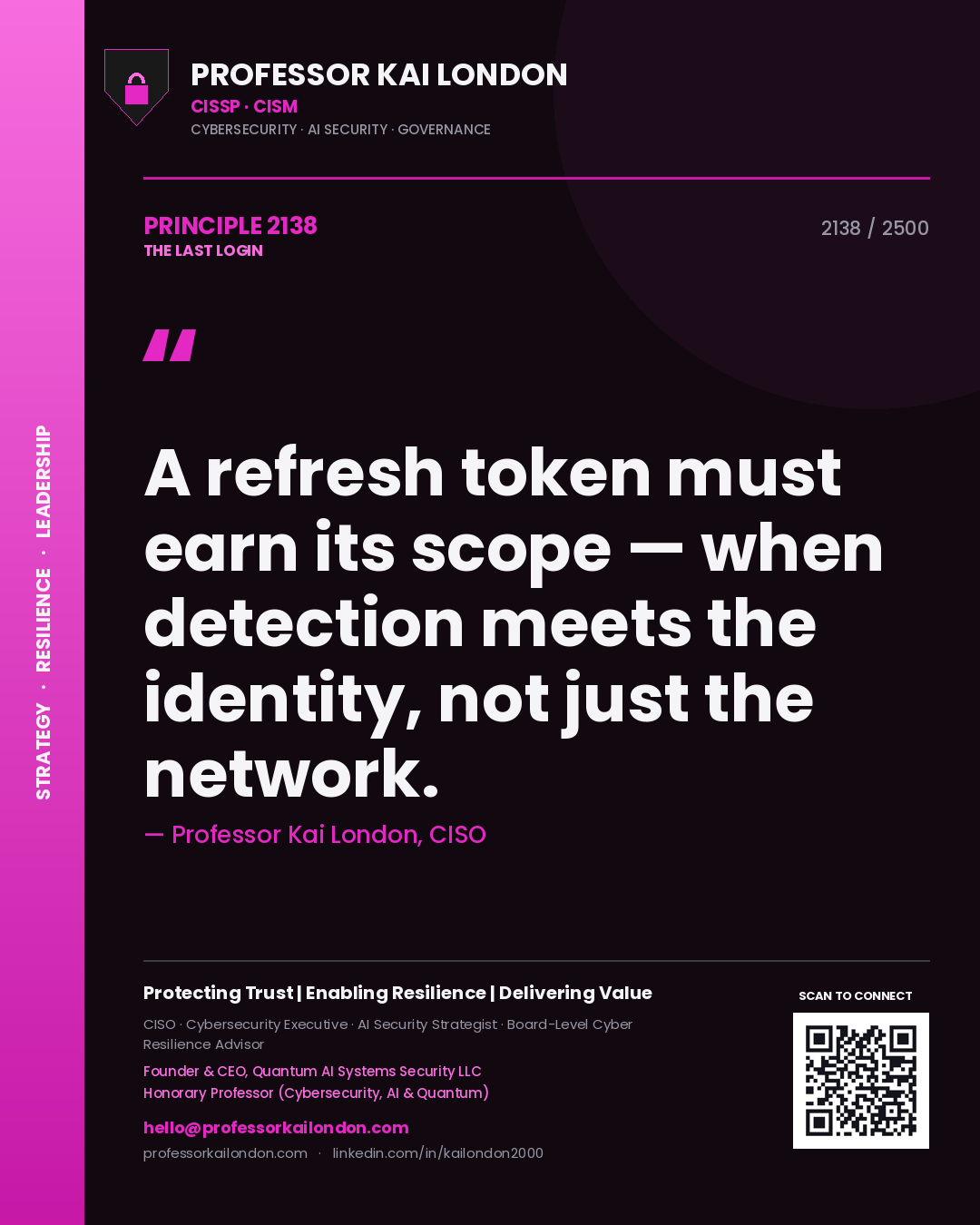 Quote card by Professor Kai London reading 'A refresh token must earn its scope — when detection meets the identity, not just the network.'. From the book The Last Login.
