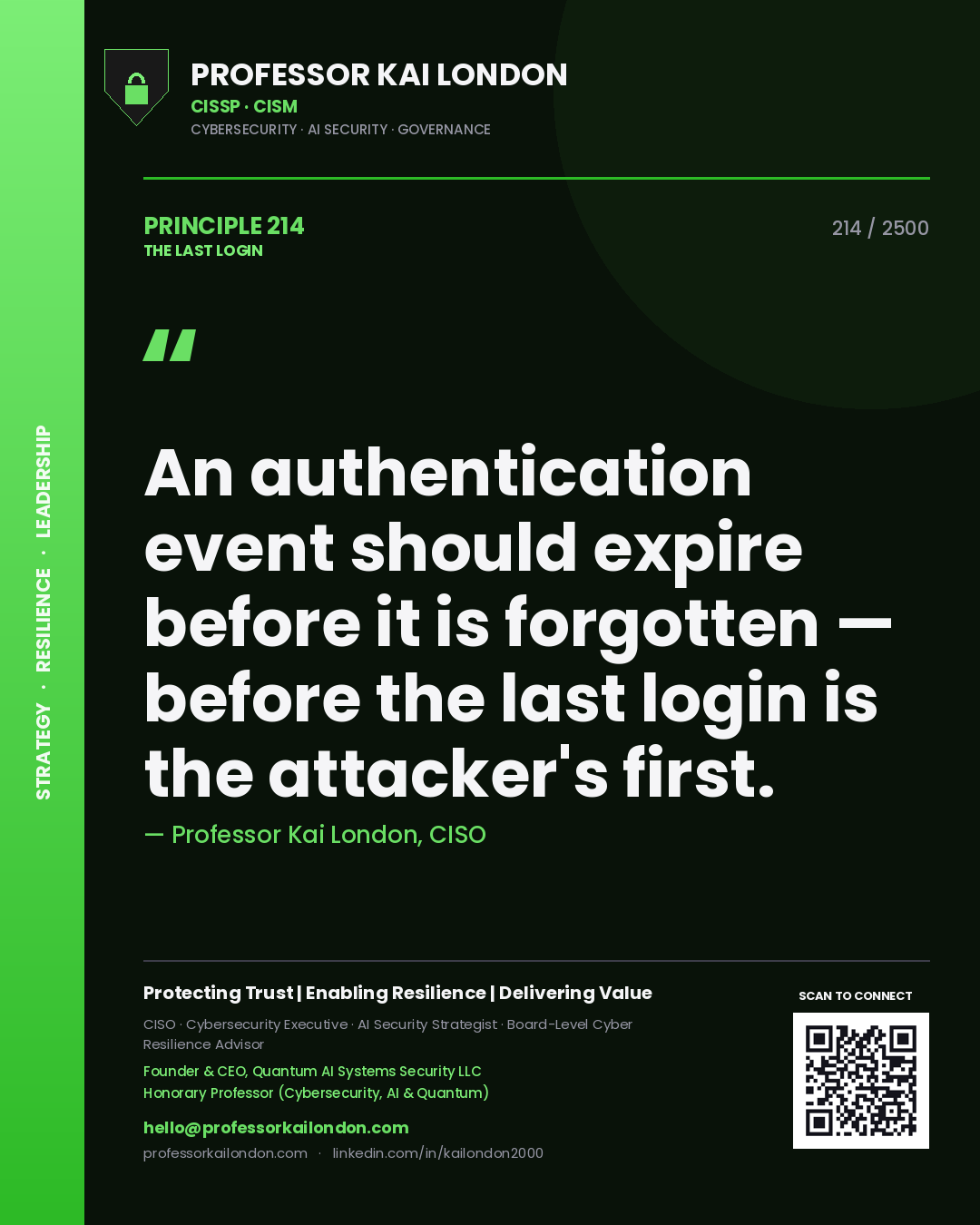 Quote card by Professor Kai London reading 'An authentication event should expire before it is forgotten — before the last login is the attacker's first.'. From the book The Last Login.