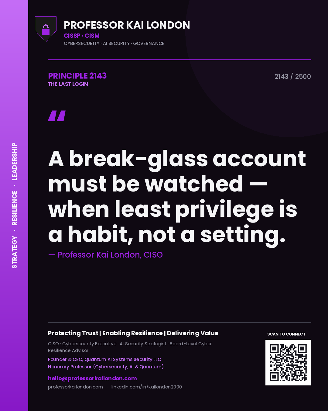 Professor Kai London principle 2143: A break-glass account must be watched — when least privilege is a habit, not a setting.