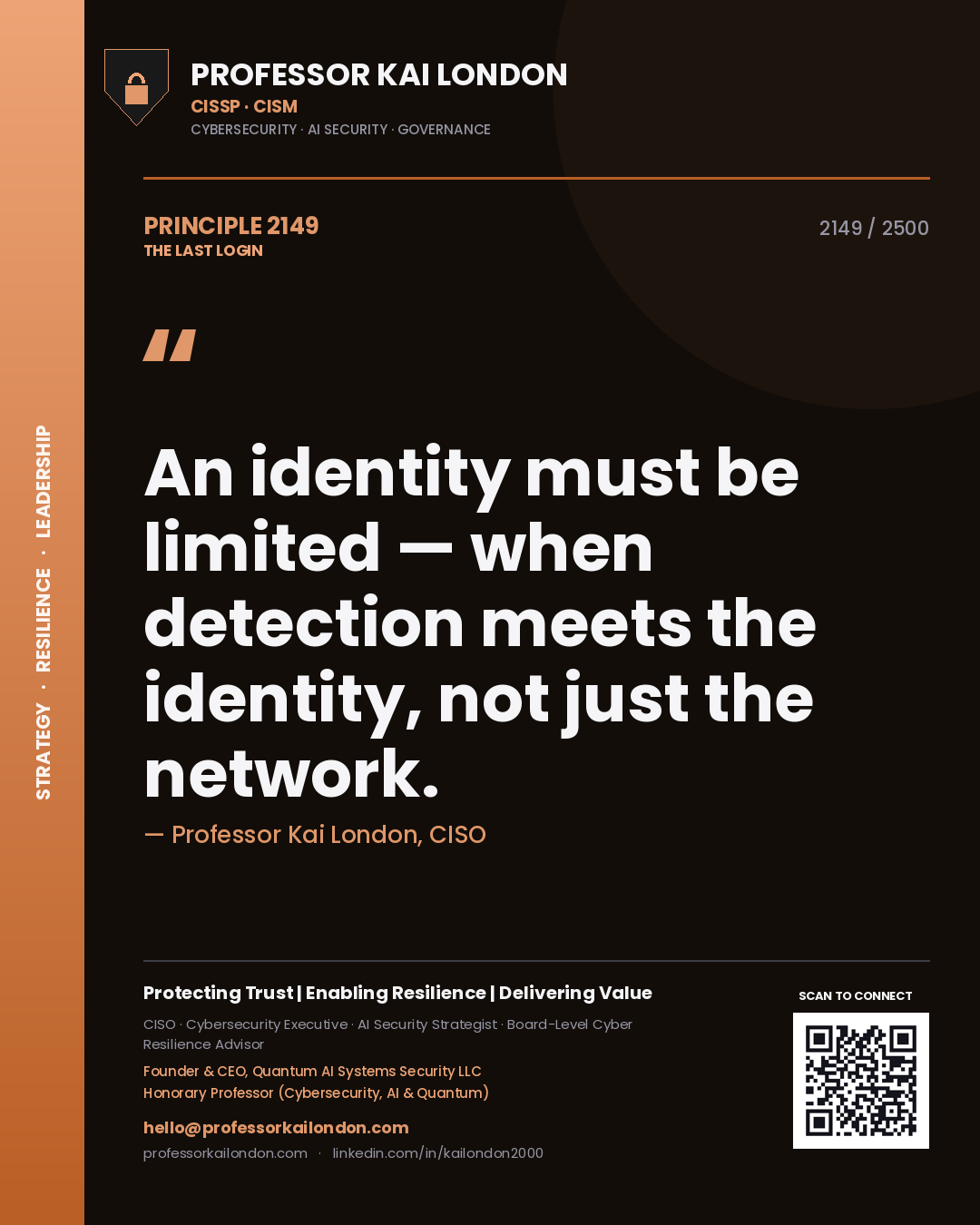 Quote card by Professor Kai London reading 'An identity must be limited — when detection meets the identity, not just the network.'. From the book The Last Login.