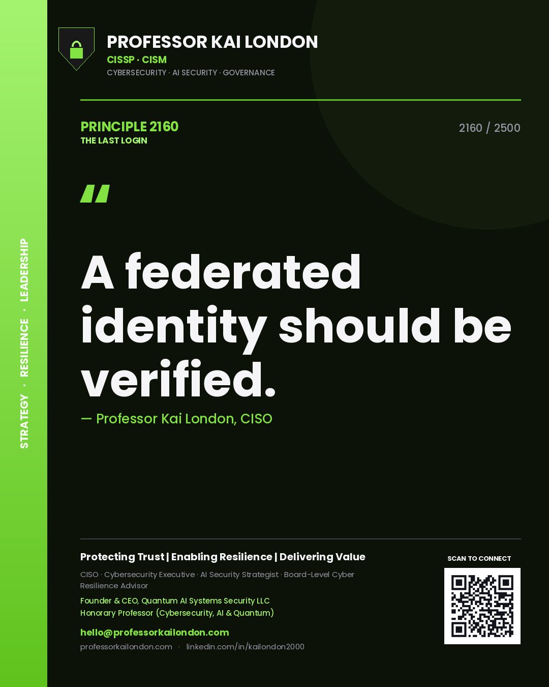 Quote card by Professor Kai London reading 'A federated identity should be verified.'. From the book The Last Login.