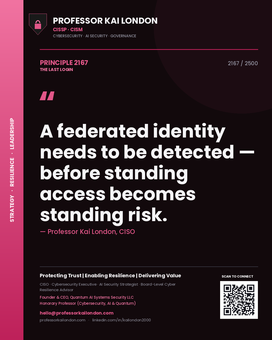 Quote card by Professor Kai London reading 'A federated identity needs to be detected — before standing access becomes standing risk.'. From the book The Last Login.