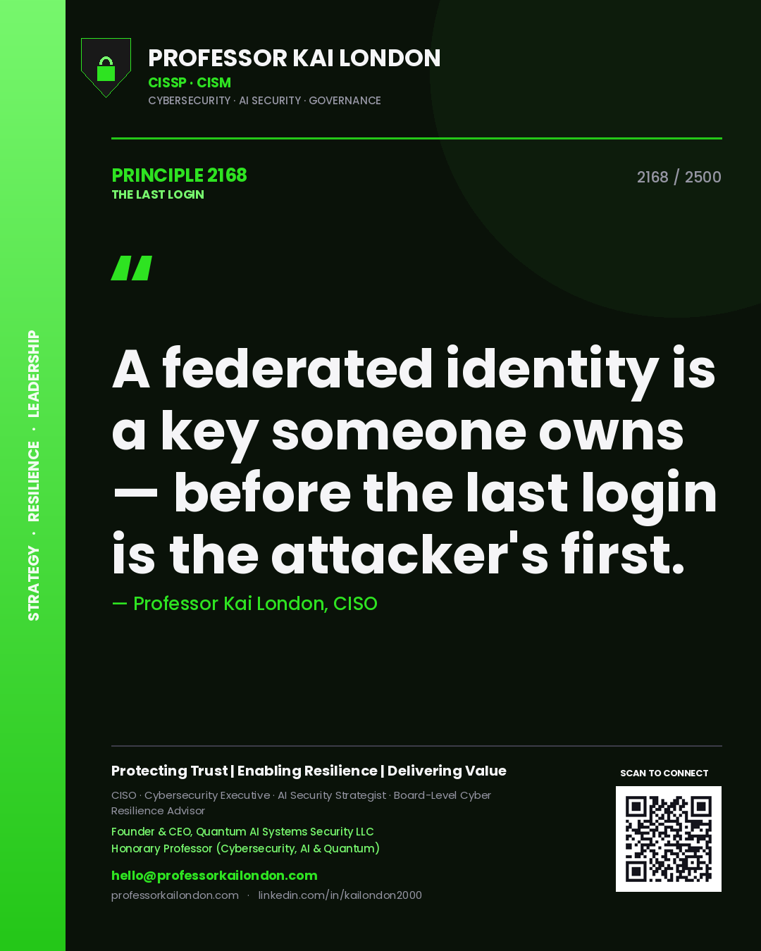Quote card by Professor Kai London reading 'A federated identity is a key someone owns — before the last login is the attacker's first.'. From the book The Last Login.