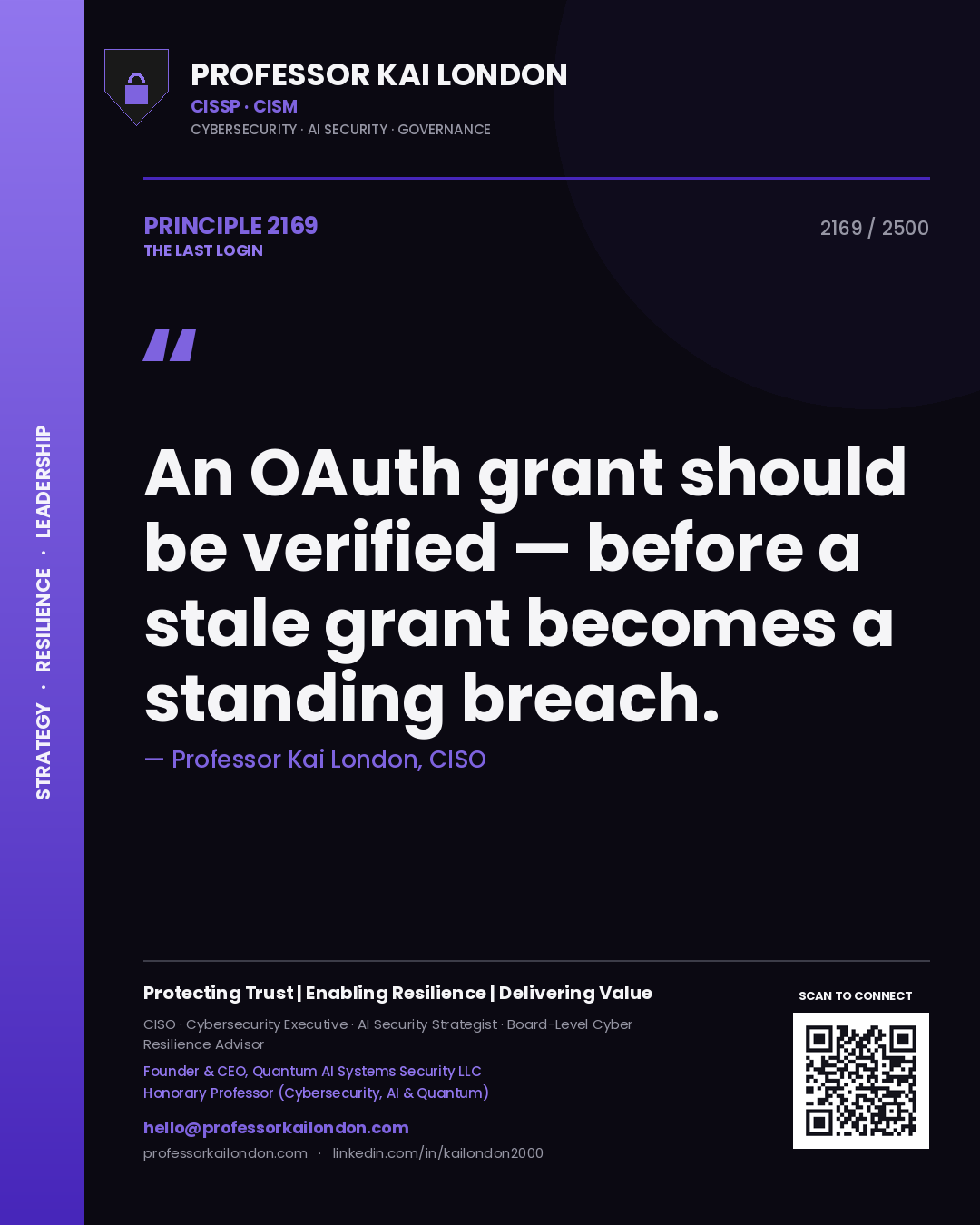 Professor Kai London principle 2169: An OAuth grant should be verified — before a stale grant becomes a standing breach.