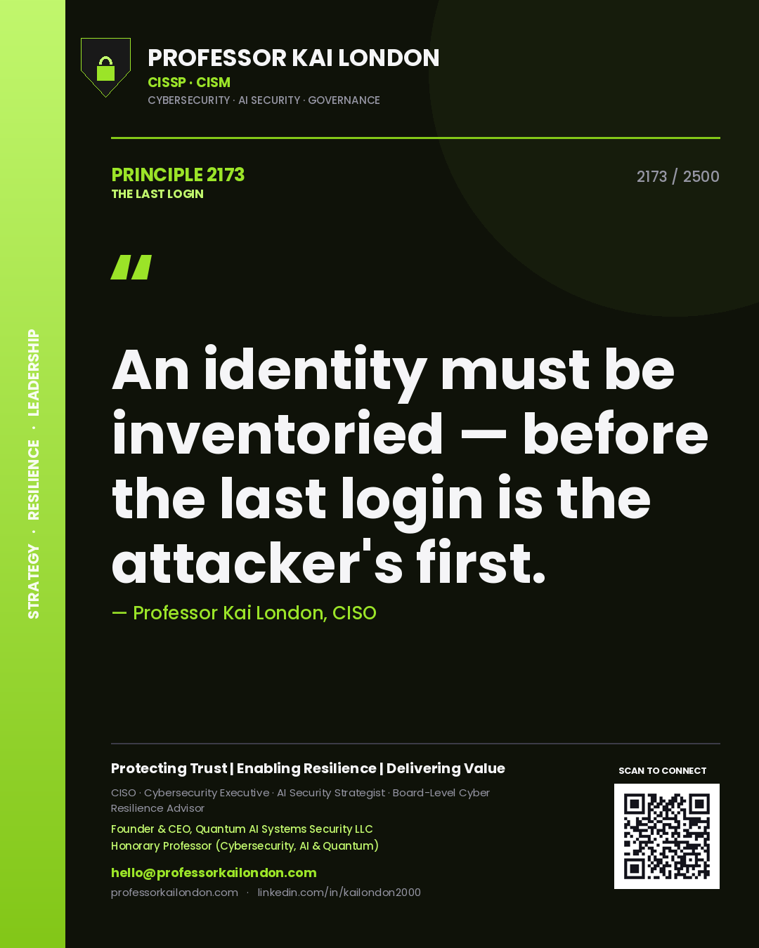 Quote card by Professor Kai London reading 'An identity must be inventoried — before the last login is the attacker's first.'. From the book The Last Login.