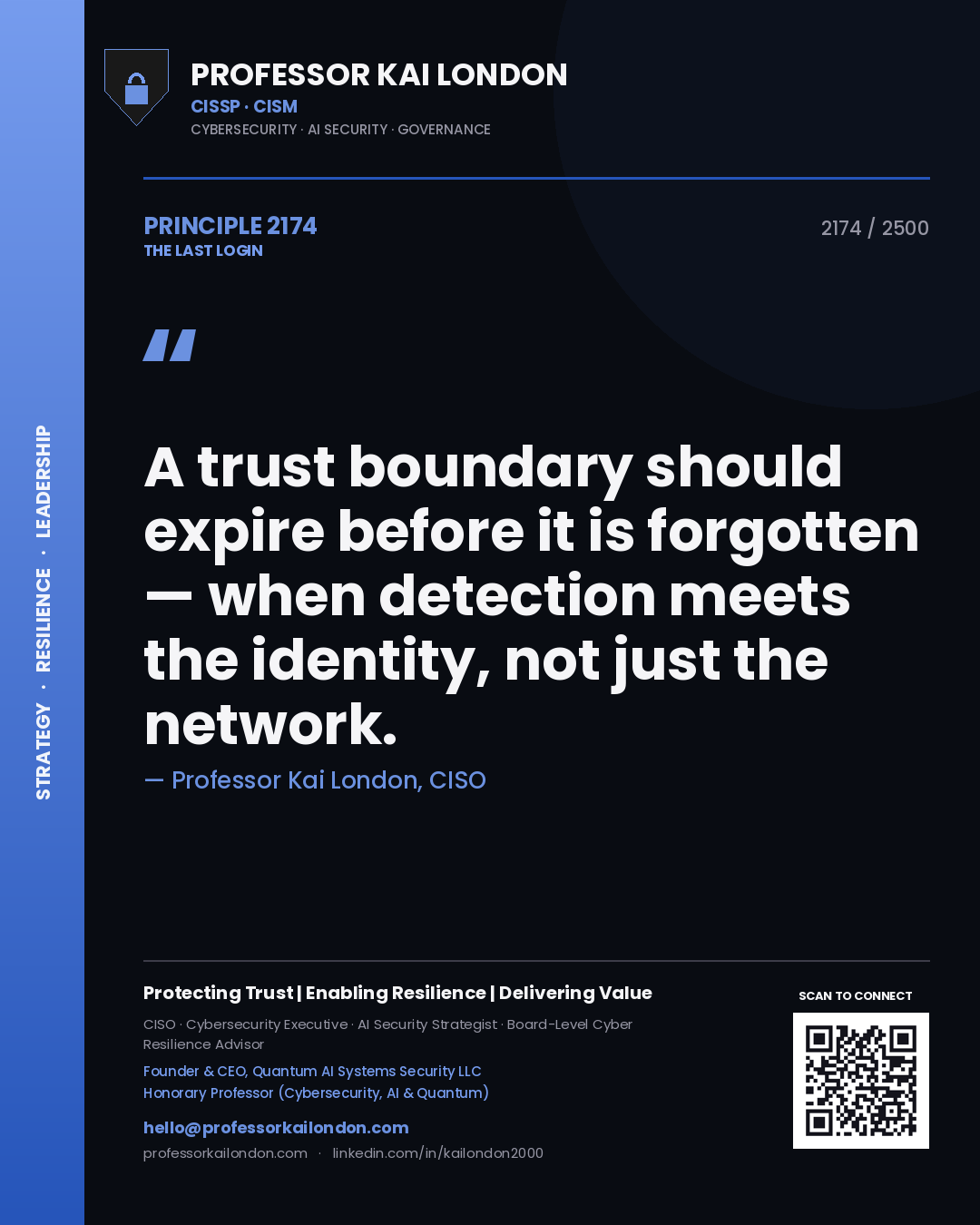Quote card by Professor Kai London reading 'A trust boundary should expire before it is forgotten — when detection meets the identity, not just the network.'. From the book The Last Login.
