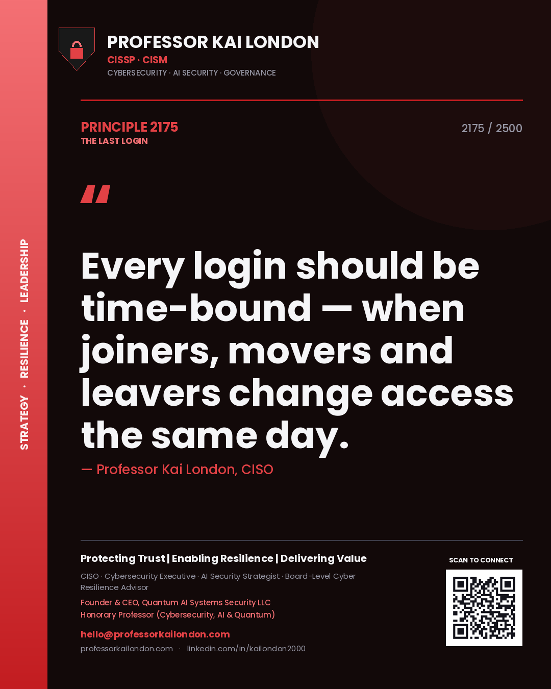 Quote card by Professor Kai London reading 'Every login should be time-bound — when joiners, movers and leavers change access the same day.'. From the book The Last Login.