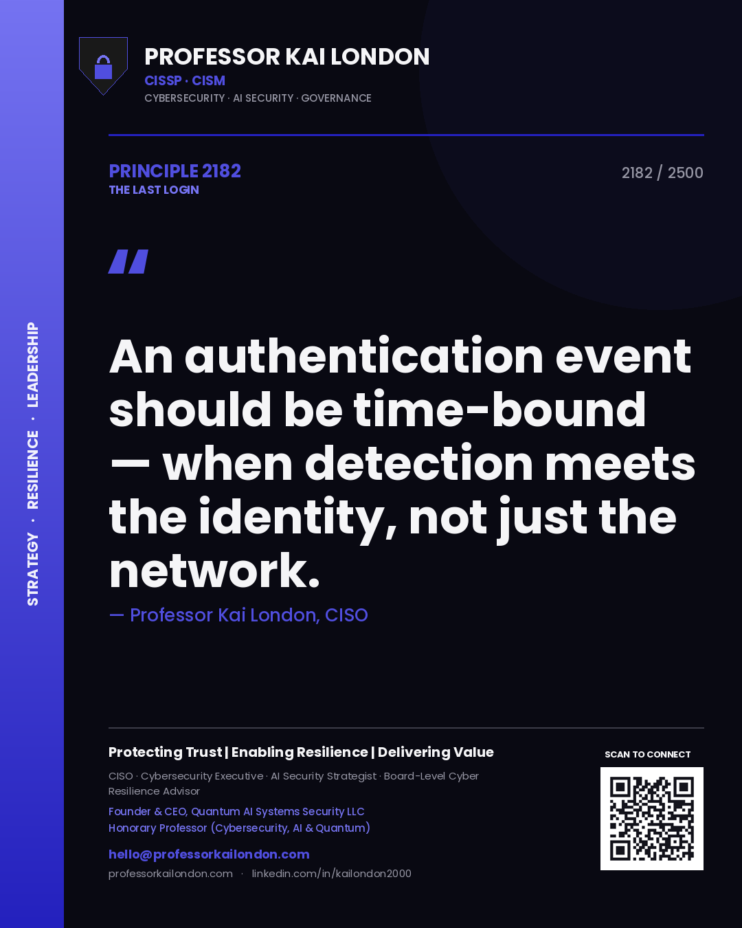 Quote card by Professor Kai London reading 'An authentication event should be time-bound — when detection meets the identity, not just the network.'. From the book The Last Login.
