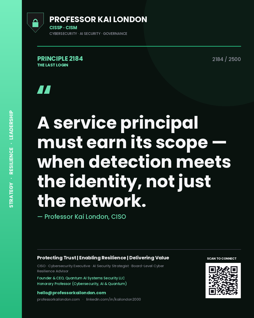 Quote card by Professor Kai London reading 'A service principal must earn its scope — when detection meets the identity, not just the network.'. From the book The Last Login.