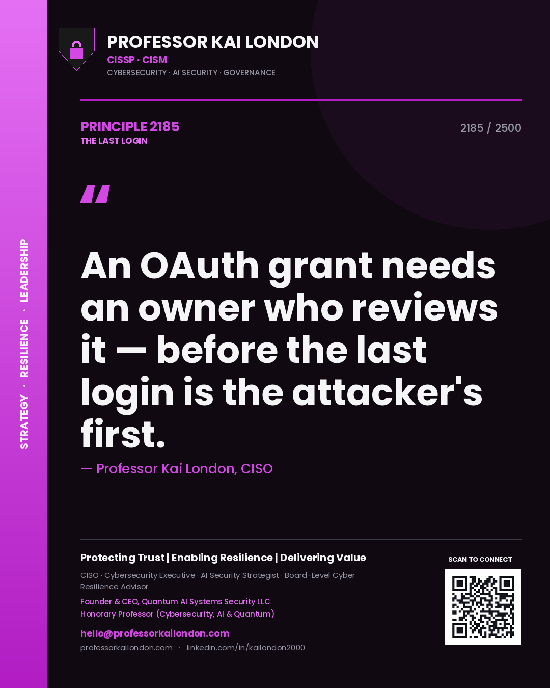 Professor Kai London principle 2185: An OAuth grant needs an owner who reviews it — before the last login is the attacker's first.