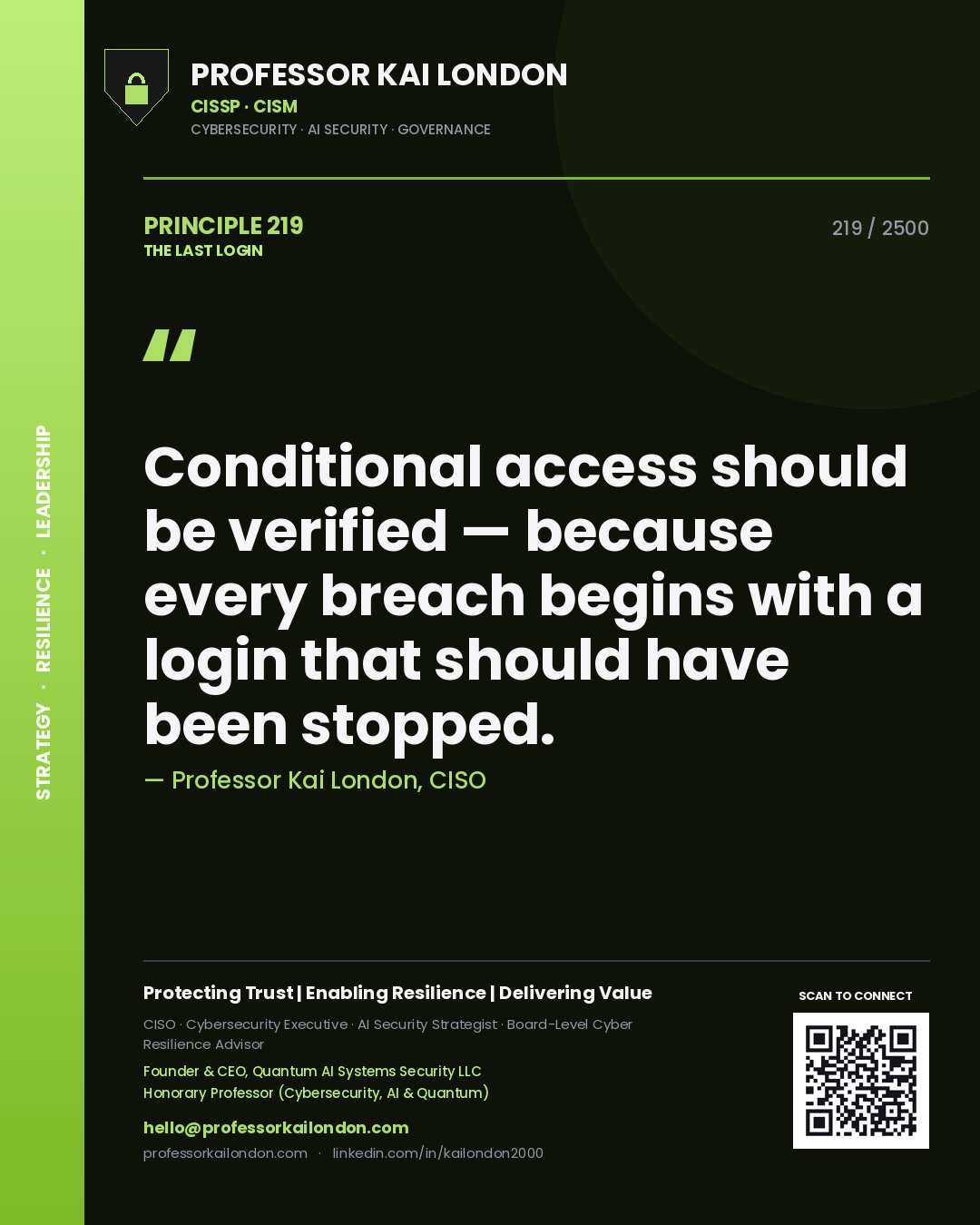 Quote card by Professor Kai London reading 'Conditional access should be verified — because every breach begins with a login that should have been stopped.'. From the book The Last Login.