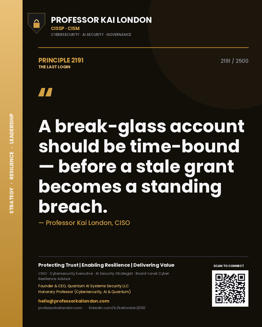 Professor Kai London principle 2191: A break-glass account should be time-bound — before a stale grant becomes a standing breach.
