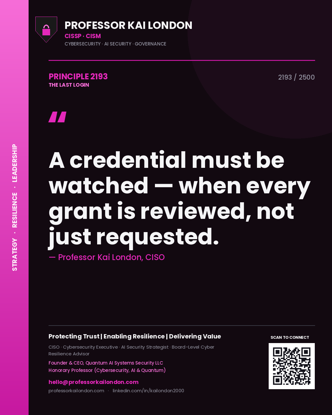 Quote card by Professor Kai London reading 'A credential must be watched — when every grant is reviewed, not just requested.'. From the book The Last Login.
