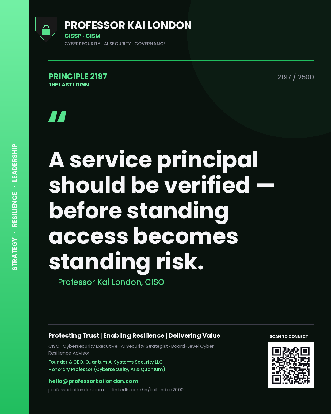 Quote card by Professor Kai London reading 'A service principal should be verified — before standing access becomes standing risk.'. From the book The Last Login.