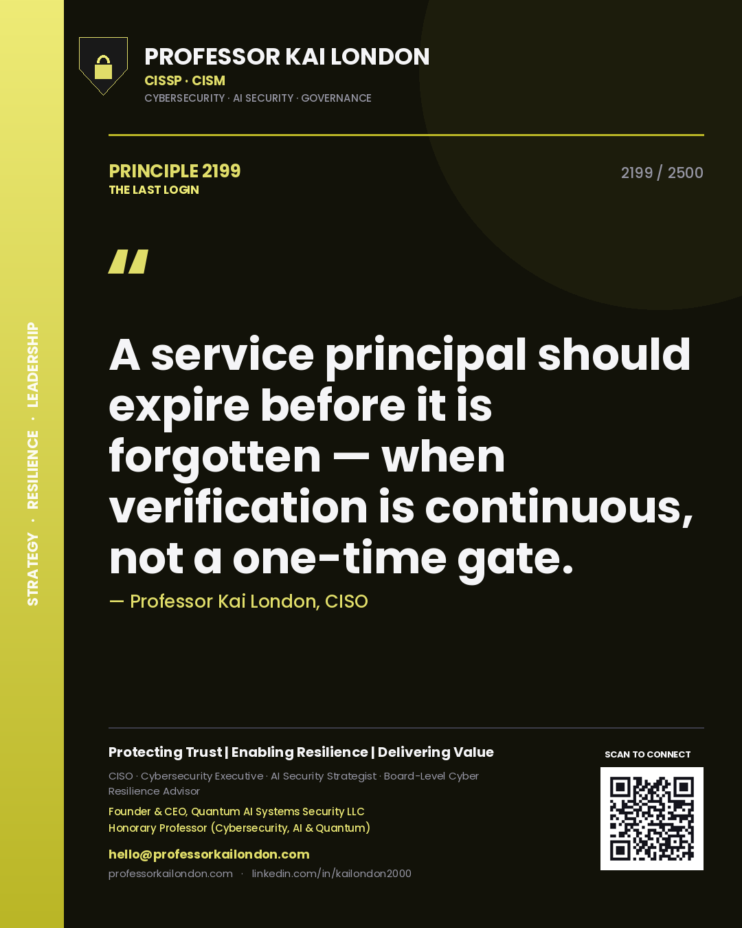 Professor Kai London principle 2199: A service principal should expire before it is forgotten — when verification is continuous, not a one-time gate.
