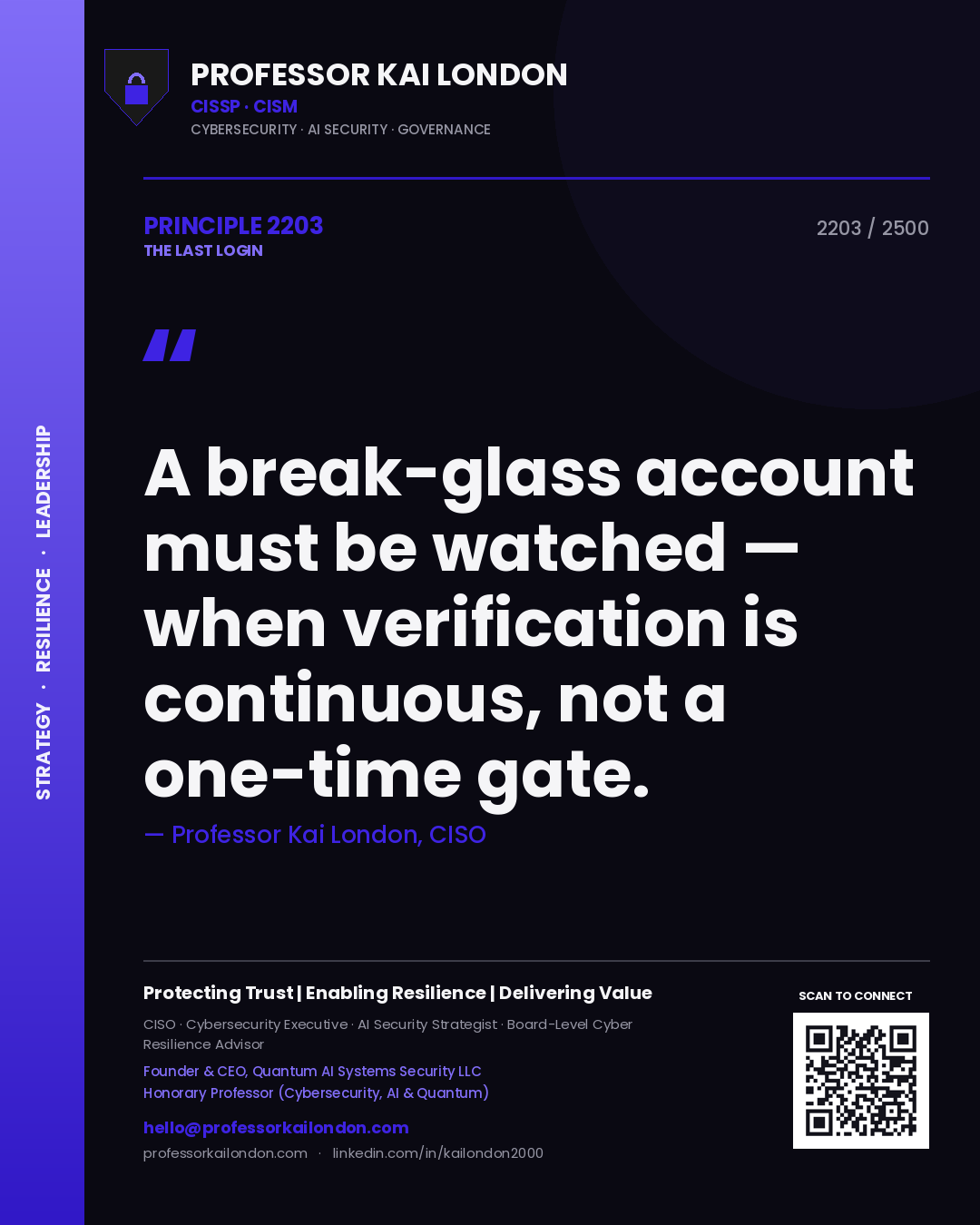 Quote card by Professor Kai London reading 'A break-glass account must be watched — when verification is continuous, not a one-time gate.'. From the book The Last Login.