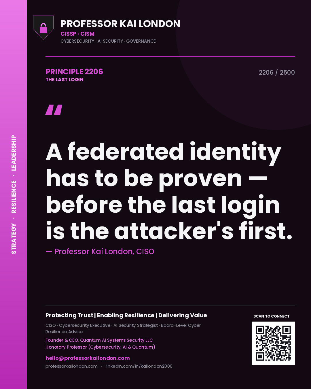 Quote card by Professor Kai London reading 'A federated identity has to be proven — before the last login is the attacker's first.'. From the book The Last Login.