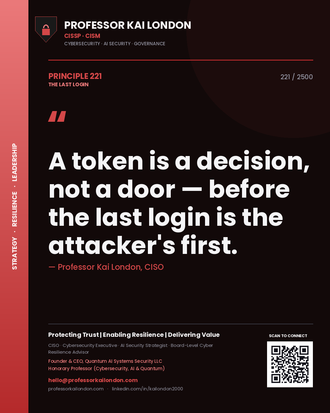 Quote card by Professor Kai London reading 'A token is a decision, not a door — before the last login is the attacker's first.'. From the book The Last Login.