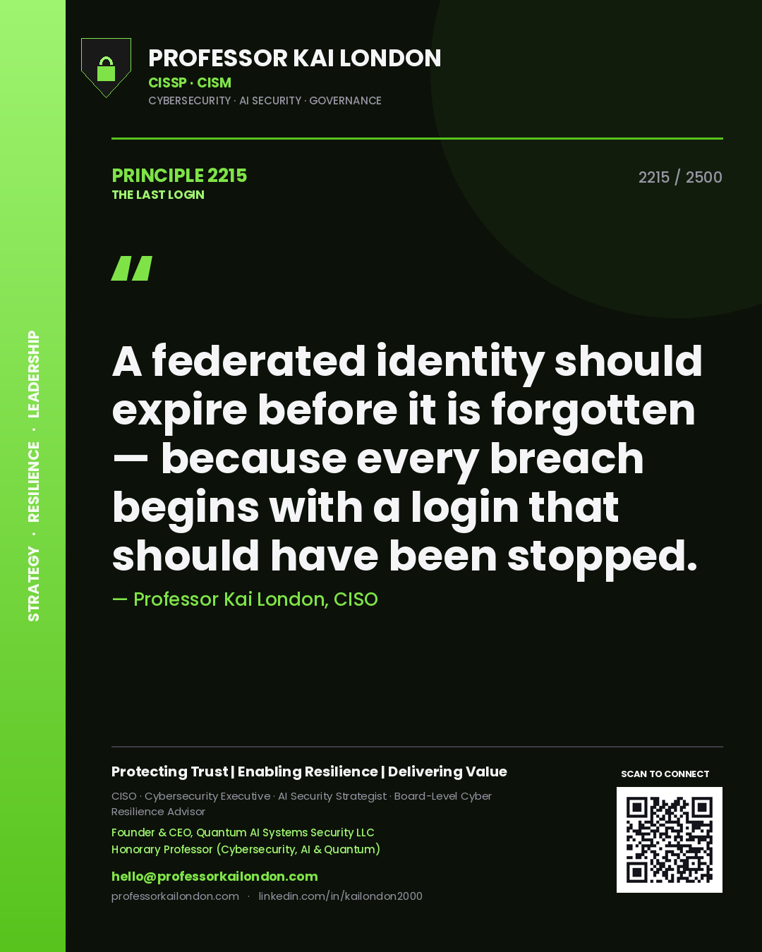 Quote card by Professor Kai London reading 'A federated identity should expire before it is forgotten — because every breach begins with a login that should have been stopped.'. From the book The Last Login.