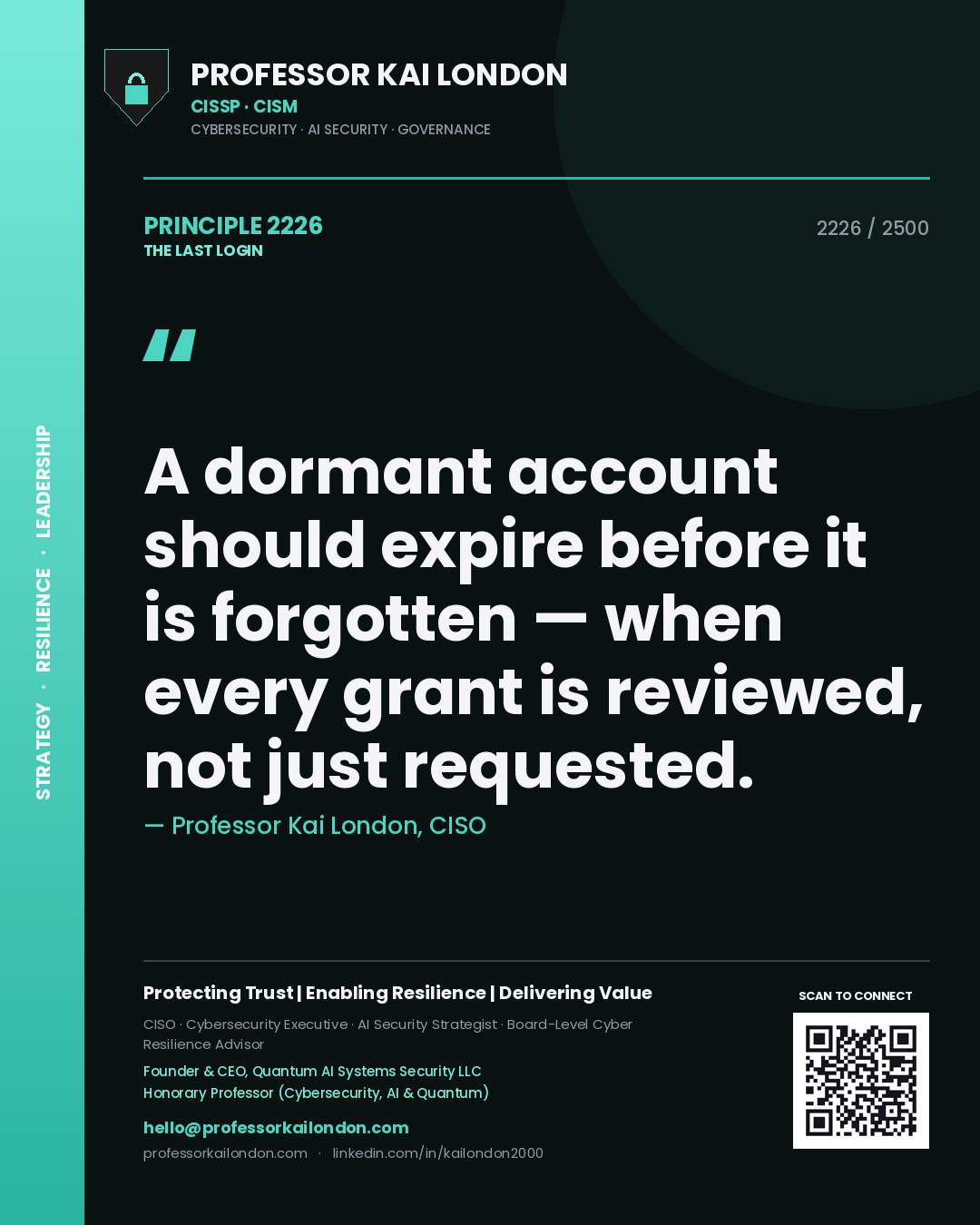 Quote card by Professor Kai London reading 'A dormant account should expire before it is forgotten — when every grant is reviewed, not just requested.'. From the book The Last Login.