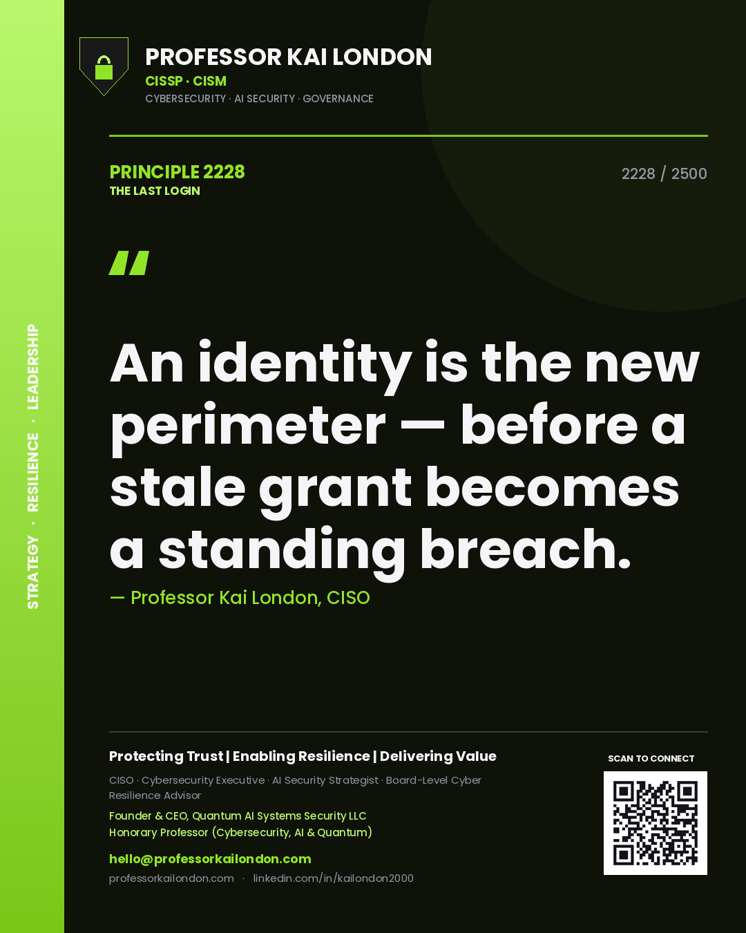Professor Kai London principle 2228: An identity is the new perimeter — before a stale grant becomes a standing breach.