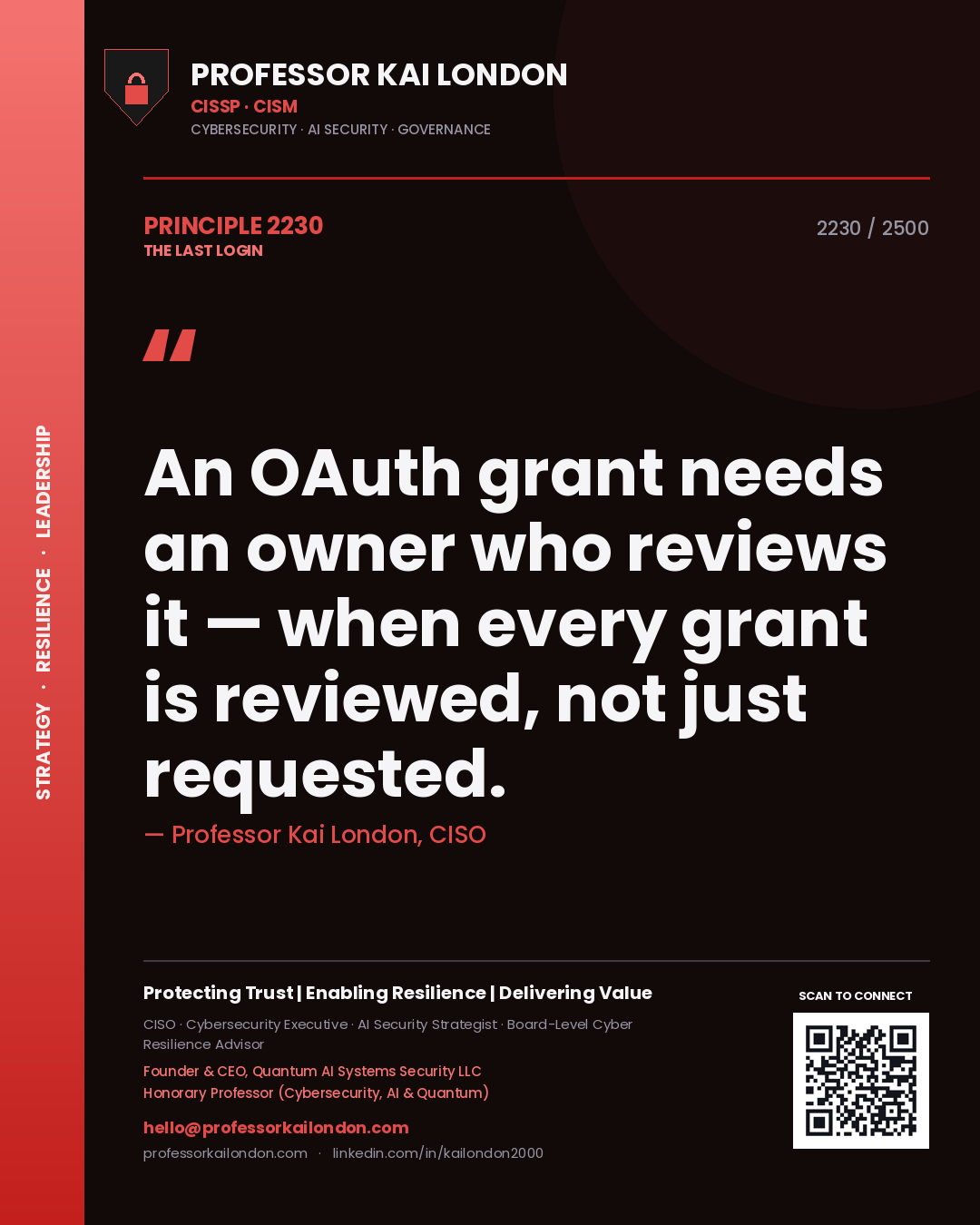 Quote card by Professor Kai London reading 'An OAuth grant needs an owner who reviews it — when every grant is reviewed, not just requested.'. From the book The Last Login.