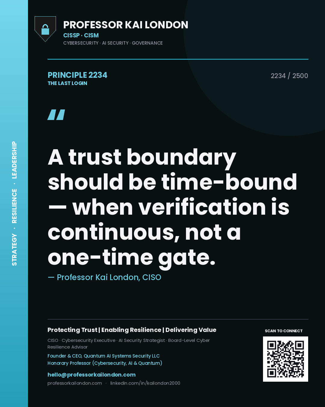 Quote card by Professor Kai London reading 'A trust boundary should be time-bound — when verification is continuous, not a one-time gate.'. From the book The Last Login.