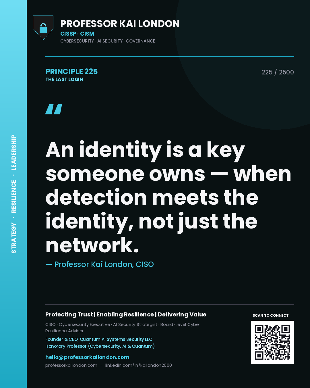 Professor Kai London principle 225: An identity is a key someone owns — when detection meets the identity, not just the network.