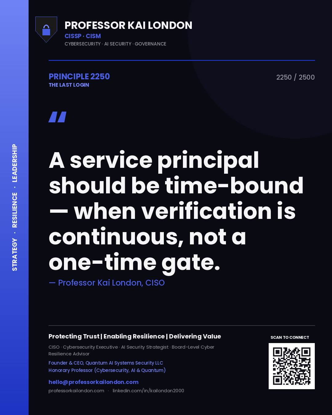 Quote card by Professor Kai London reading 'A service principal should be time-bound — when verification is continuous, not a one-time gate.'. From the book The Last Login.
