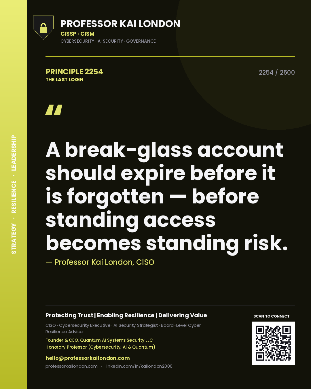 Quote card by Professor Kai London reading 'A break-glass account should expire before it is forgotten — before standing access becomes standing risk.'. From the book The Last Login.