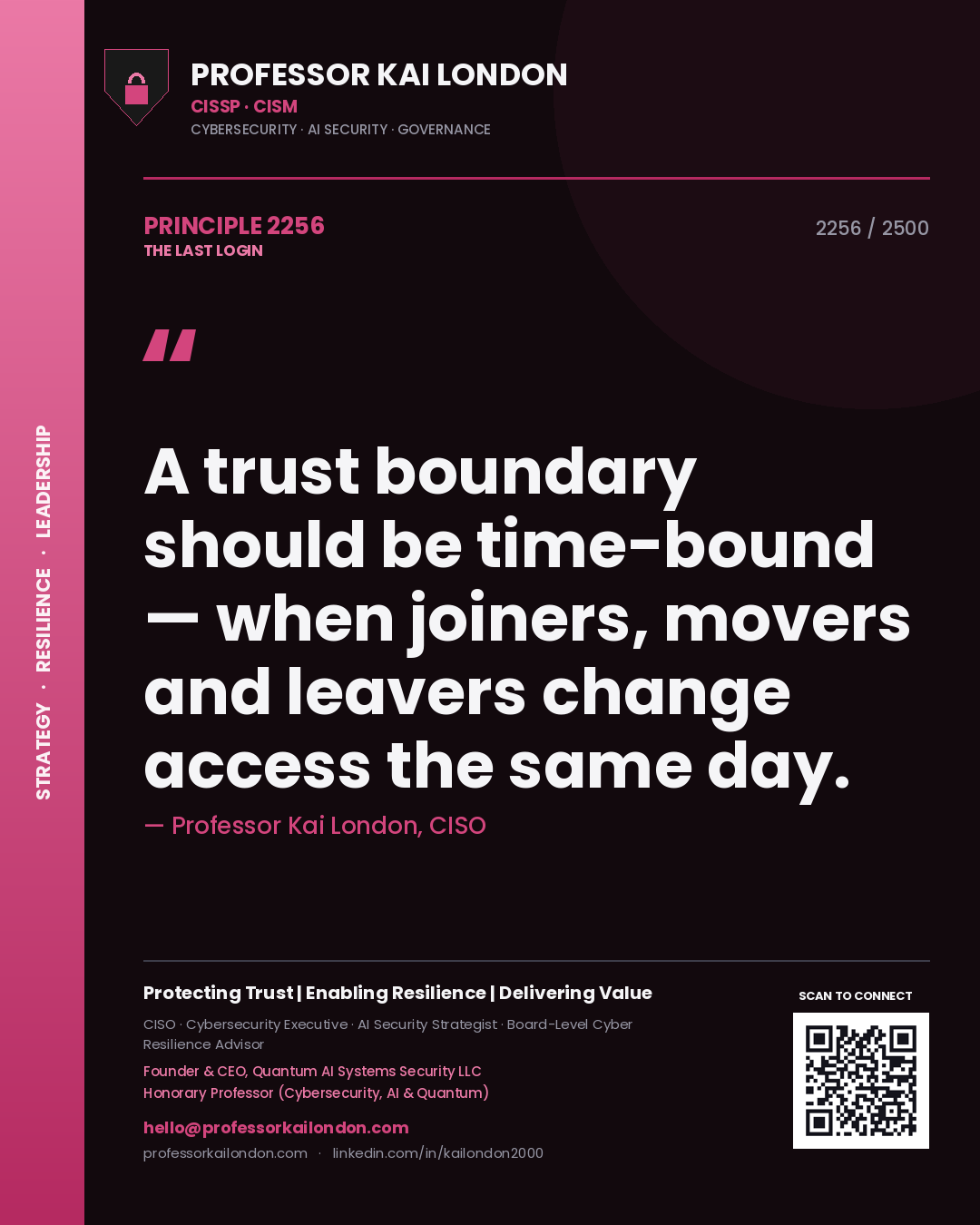 Quote card by Professor Kai London reading 'A trust boundary should be time-bound — when joiners, movers and leavers change access the same day.'. From the book The Last Login.