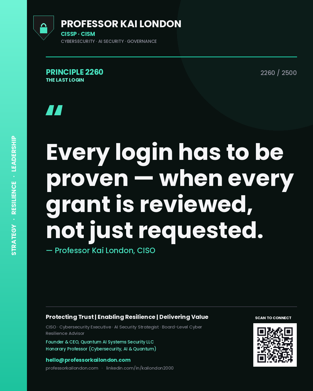 Quote card by Professor Kai London reading 'Every login has to be proven — when every grant is reviewed, not just requested.'. From the book The Last Login.