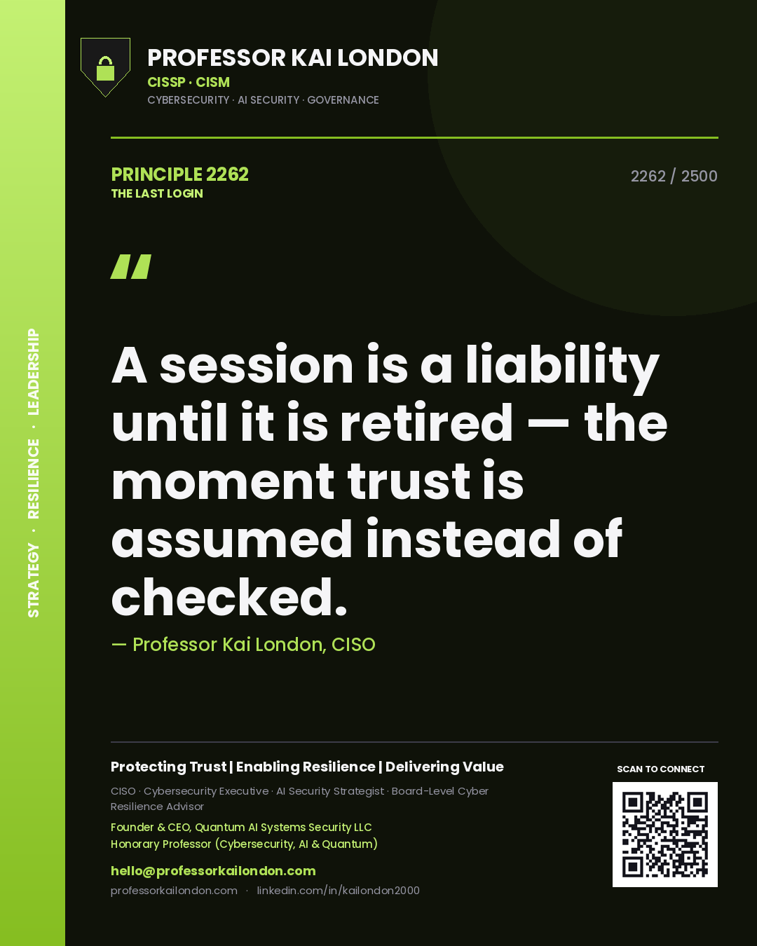 Quote card by Professor Kai London reading 'A session is a liability until it is retired — the moment trust is assumed instead of checked.'. From the book The Last Login.