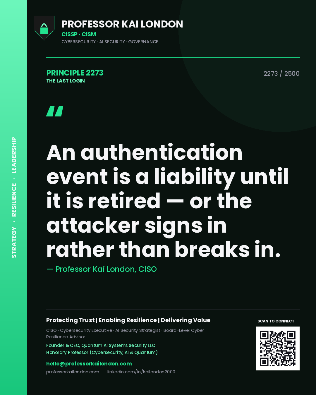 Quote card by Professor Kai London reading 'An authentication event is a liability until it is retired — or the attacker signs in rather than breaks in.'. From the book The Last Login.