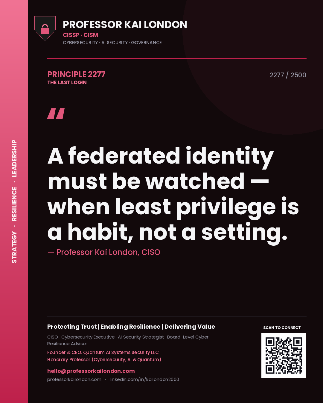 Professor Kai London principle 2277: A federated identity must be watched — when least privilege is a habit, not a setting.