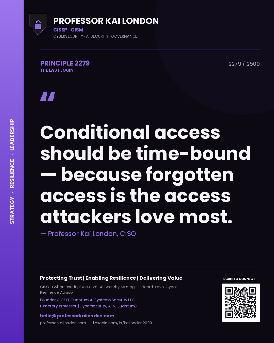 Quote card by Professor Kai London reading 'Conditional access should be time-bound — because forgotten access is the access attackers love most.'. From the book The Last Login.