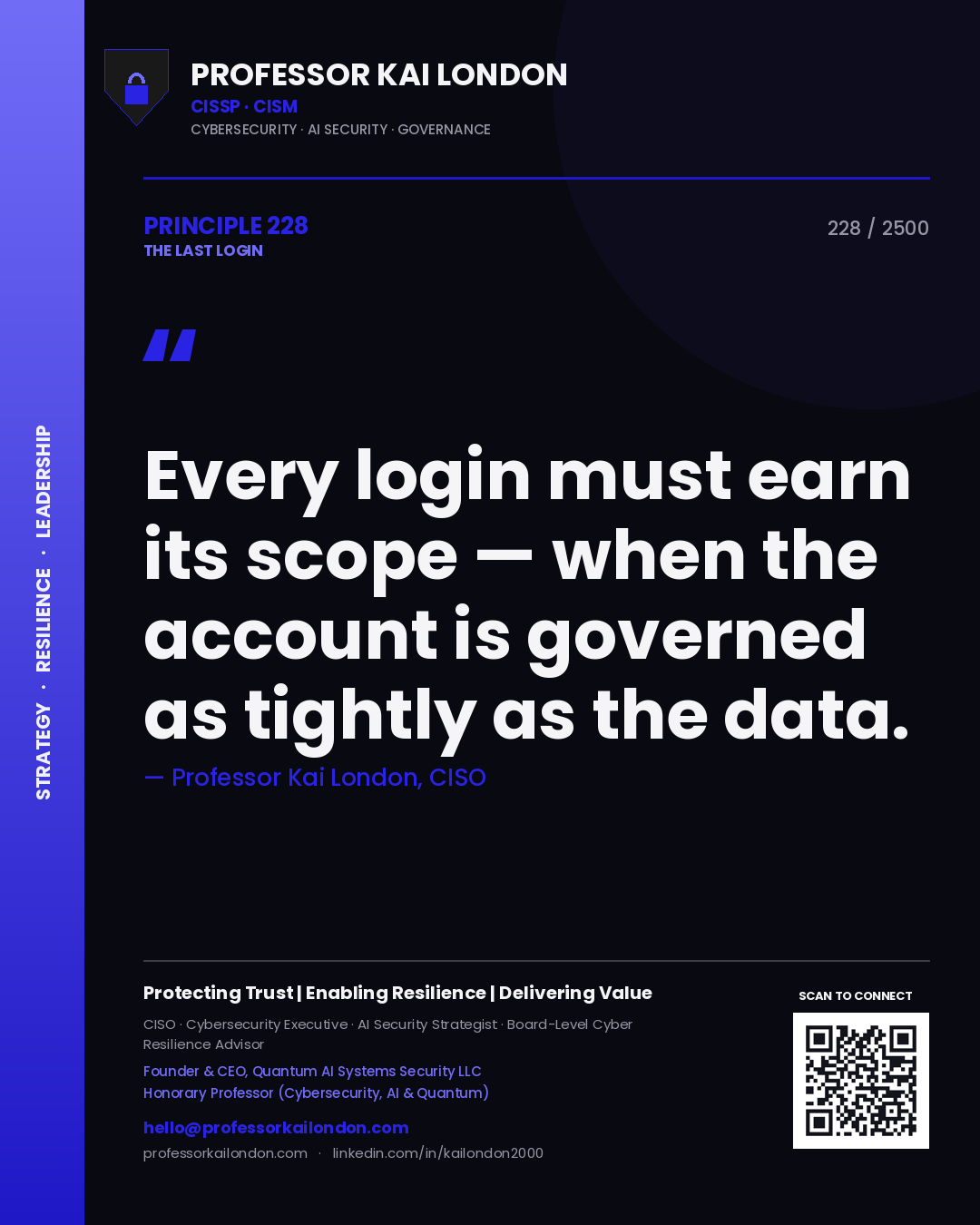 Quote card by Professor Kai London reading 'Every login must earn its scope — when the account is governed as tightly as the data.'. From the book The Last Login.
